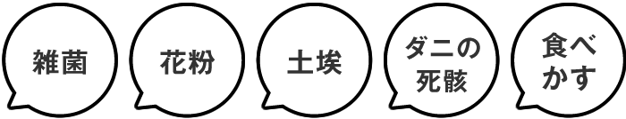 雑菌、花粉、土埃、ダニの死骸、食べカス